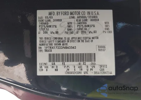 2003 Ford F-150 Xl/Xlt z USA, uszkodzony, nr VIN 1FTRX17223NB63563